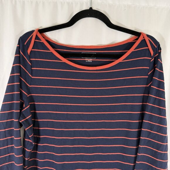 LL Bean Blouse Women's Large Blue Red Striped Round Neck 3/4 Sleeve Cotton - Picture 2 of 10